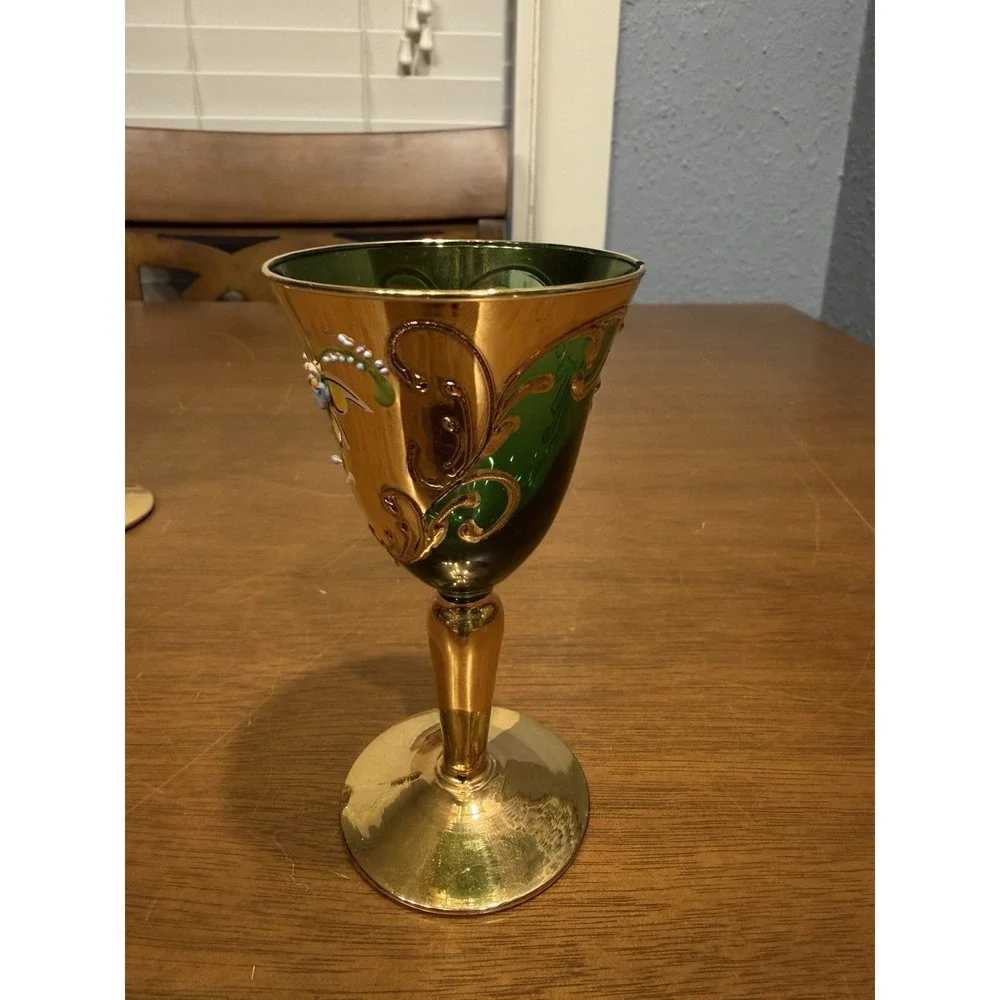 Lot Of 5 Vintage Handmade Murano Multi Color Gold Tre Fuochi Cordial Glasses